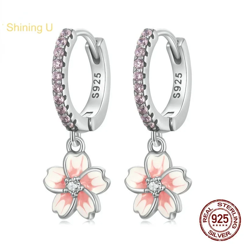 

Shining U 925 Sterling Silver Enamel Cherry Blossom Earrings Sakura Fine Jewelry for Women Gift