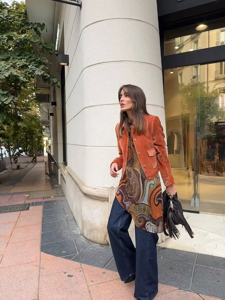 Vestes courtes en velours à revers Orange pour femmes, mode simple boutonnage, manches longues, poches, veste ample, vêtements d'extérieur de rue pour les déplacements, 2026
