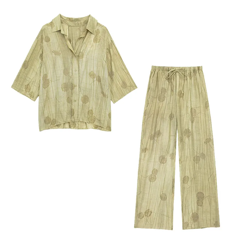HH TRAF Traje de verano para mujer, camisa holgada con cuello vuelto y manga larga con botonadura sencilla y pantalón con lazo y cintura alta con cordones para mujer
