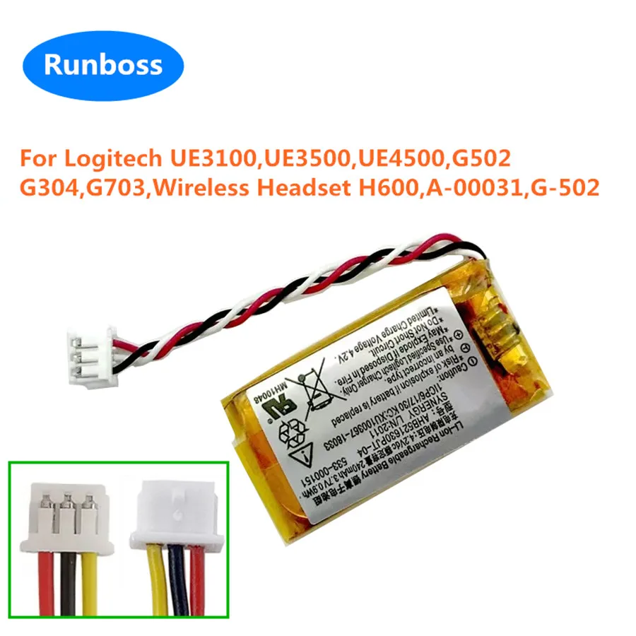 Bateria de Substituição Li-polymer para Logitech Plugue Acumulador de Fios H600 Ue3500 Ue4500 Ue3100 G502 240mah Ahb521630 Novo