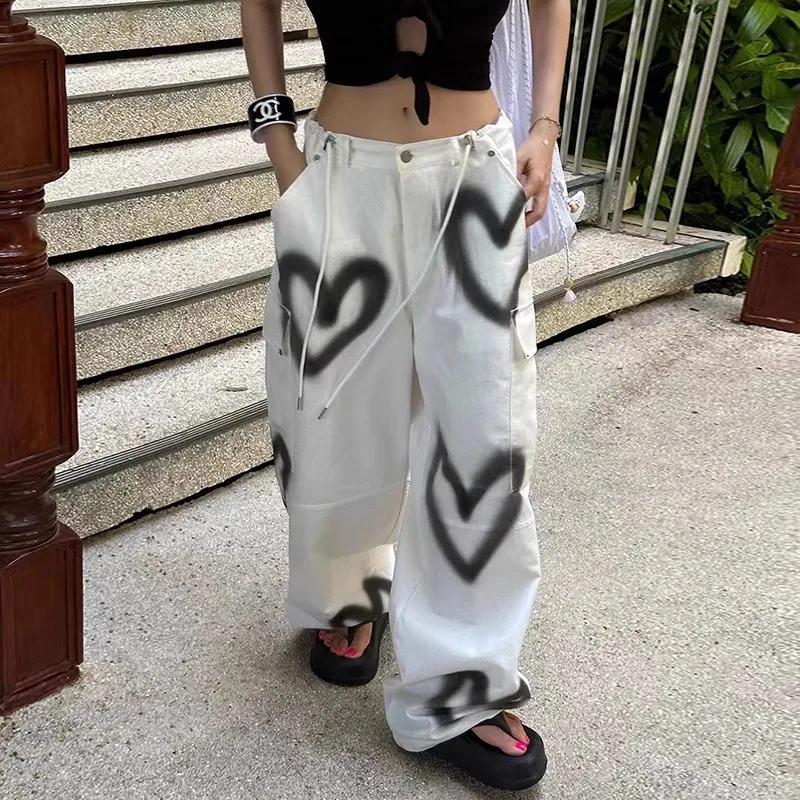 

Y2K Clothes Autumn Winter Love Graffiti Jeans Pants Women Denim Wide Leg Trousers Hot Loose Straight Jean Pantalones P005