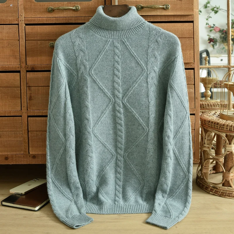 MensPureCashmereSweaterHighCollarLapelJacquardHeavyweight