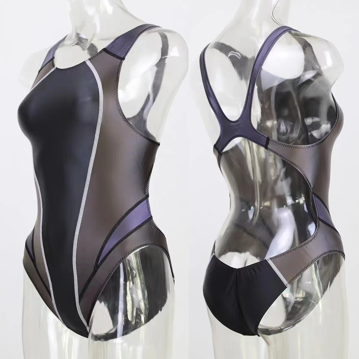 DROZENO Solid color sexy tights patchwork tights sportswear Satin stretch bodysuit  swimwear