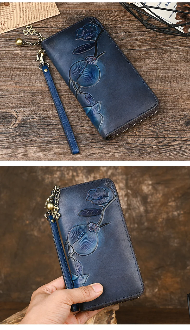 Große Rindsleder Kartenhalter Clutch Bag Langer Reißverschluss Floral Damen Leder Geldbörse Vintage Echtleder Geldbörse Damen – Detail 7