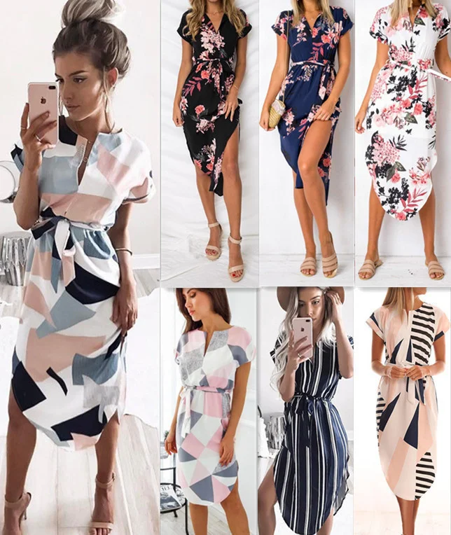 

Hot dress,slim,Sexy V-neck square print medium long women's dress Mody
