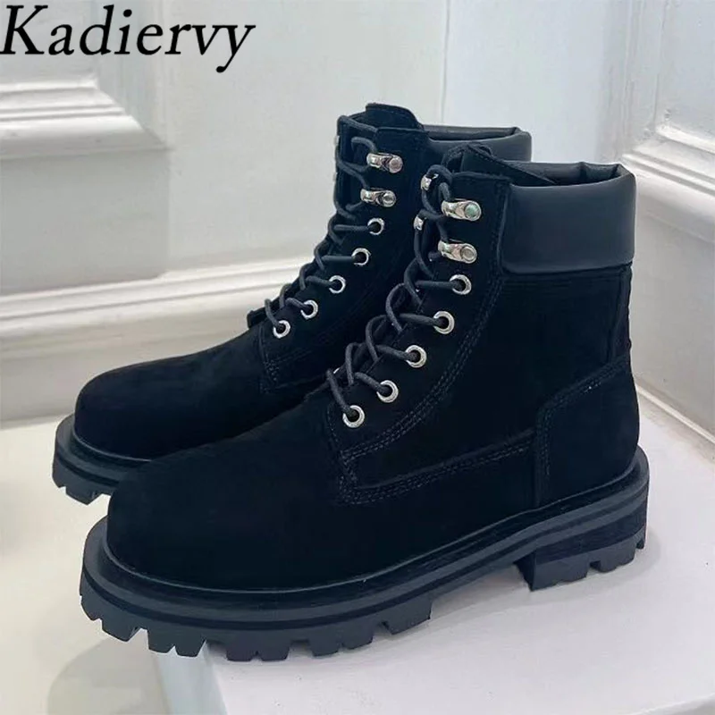 

Autumn Thick Sole Short Boots Women Round Toe Lace Up Shoes Unisex Nubuck Leather Ankle Boots Flat Motorcycle Boots Men