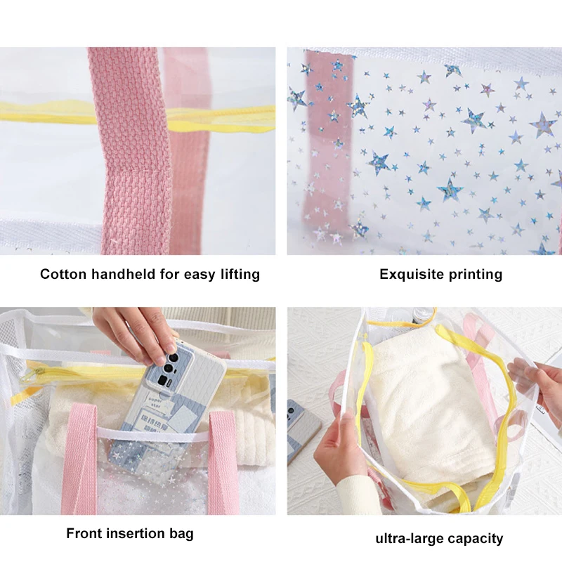 Large Capacity Makeup Storage Bag Women Travel Shoulder Bag Transparent Mesh Hollow Beach Bags Pvc Waterproof Shower Handbag