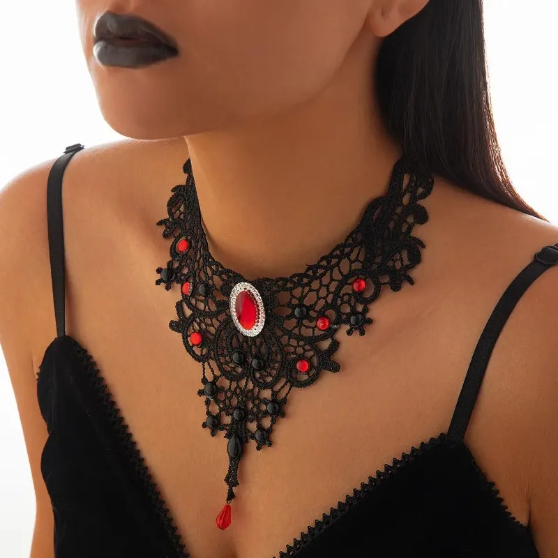 Gothic Hollow Out Black Lace Choker Necklace Women Vintage Punk Red Blood Drop Pendant Chains Party Jewelry Gift