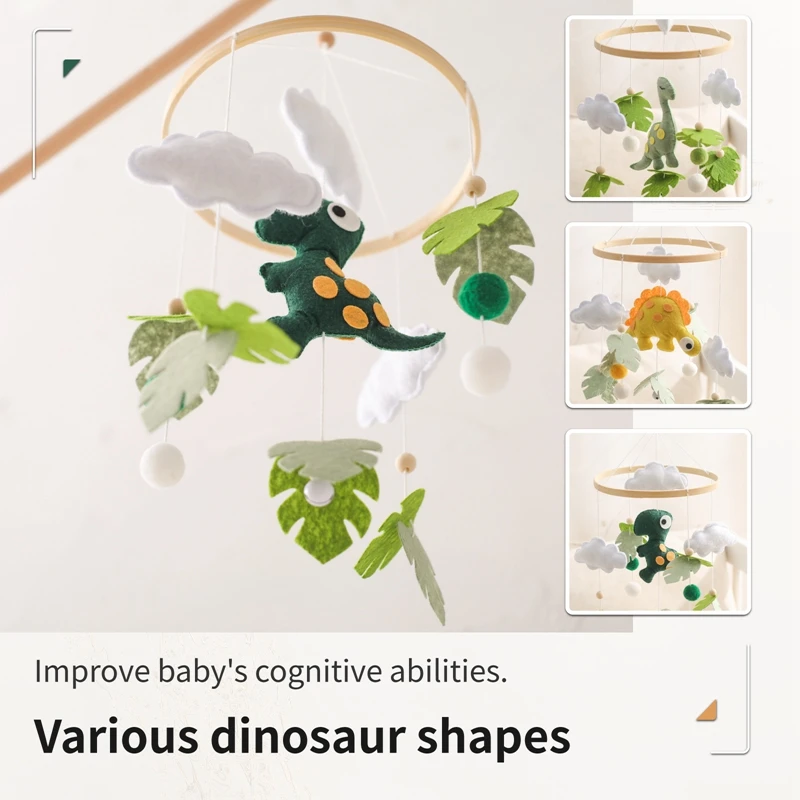 Baby Wooden Mobile Cribs Music Bed Bell Toys Soft Felt Dinosaur Leaf Rattle Toys Newborn Bed Bell For Baby Bedding Hanging