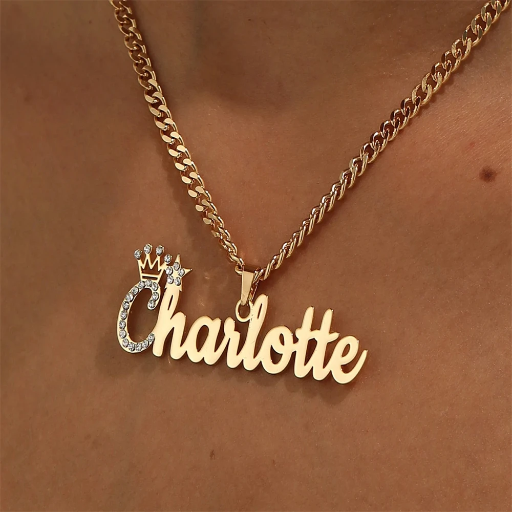 Custom Diamond Name Necklace Diamond Crown Pendant Bling Name Necklace Crystal Name Necklace Iced Out Jewelry Birthday Gifts