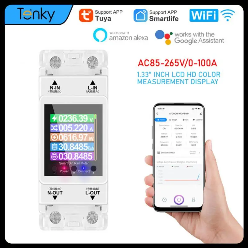 

Счетчик электроэнергии AT2PW 100A Tuya с Wi-Fi на Din-рейке, умный переключатель с дистанционным управлением, 220 В переменного тока, цифровой вольт, кВтч, измеритель частоты