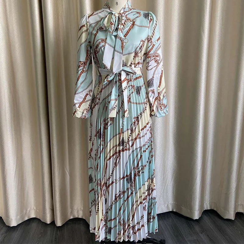 Temperament Printing Half Open Collar Bandage Long Sleeve Lady Elegant Pleated Pullover Mid Waist Plus Size Floor-Length Dresses