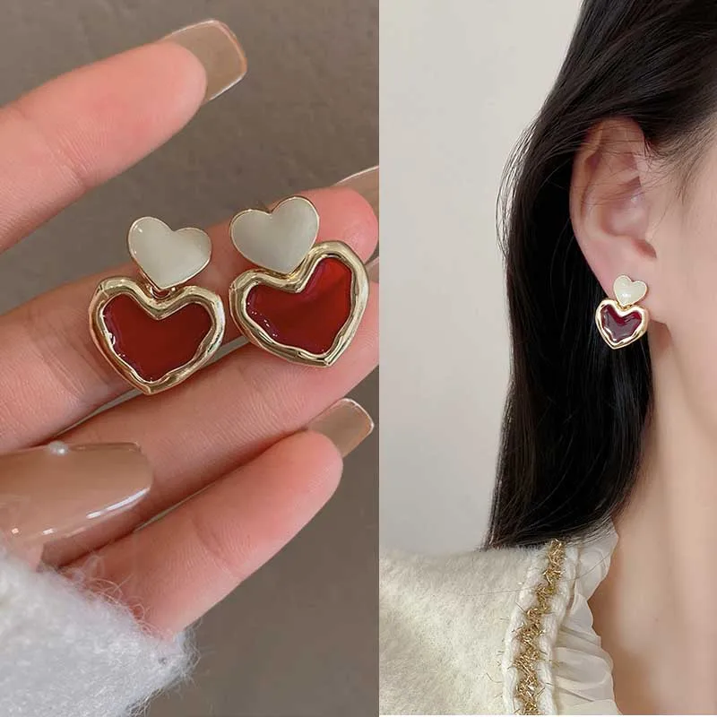 Orecchini A Cuore In Argento 925, Stile Coreano, Donne, Antiossidante, Rosso