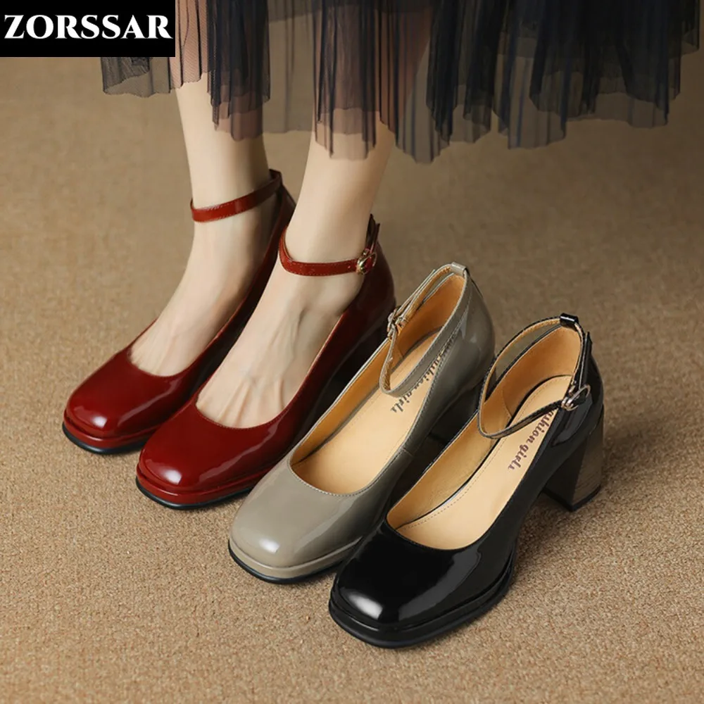 

Patent Leather Mary Jane Women's Shoes Fashion Retro Buckle Shallow Pumps Square Toe Thick Heel Handmade Dress Shoes Woman