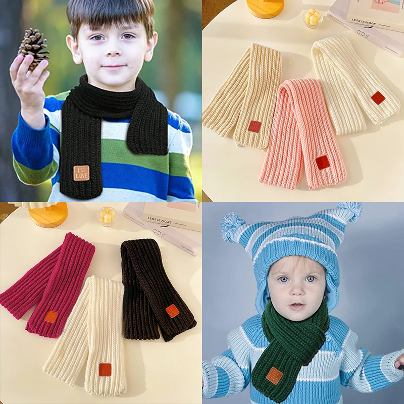New Winter Children Colors Soft Knitting Wool Thermal Scarf Boys Girls Lovely Outdoor Warmer Scarf Kids Solid Labelled