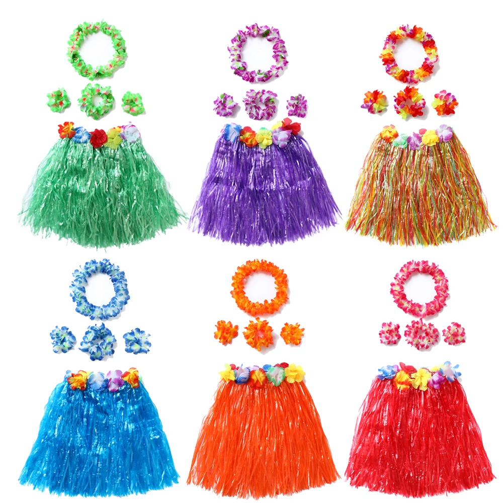 Saia Havaiana Hula Dance Para Meninas - Fantasia Luau Com Flores 40cm Fibra