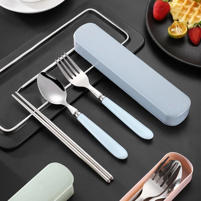 

3/4PCS Spoon Fork Chopstick Cutlery Portable Dinnerware Kit Lunch Tableware With Box Set 401 Stainless Steel Kitchen Accessories