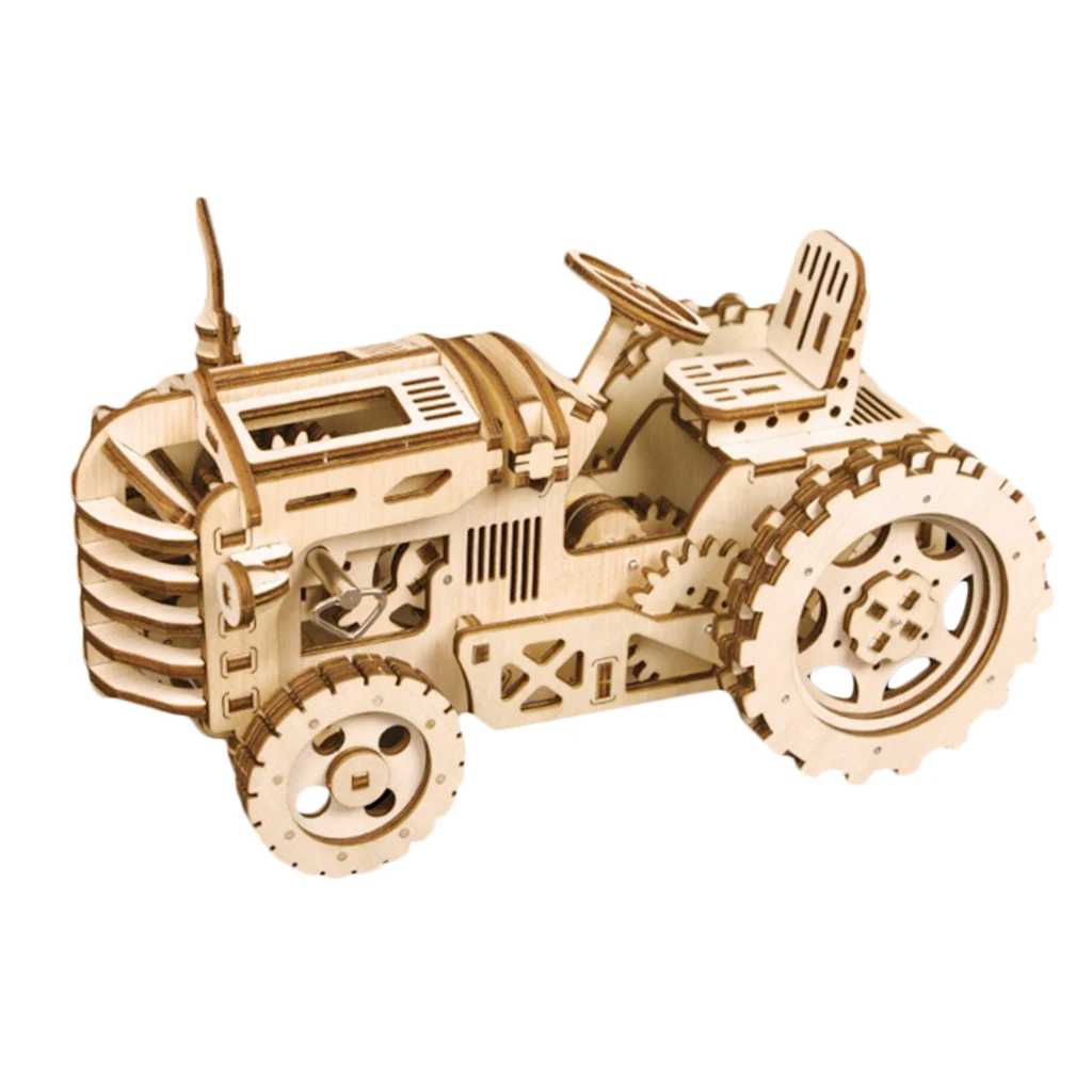 Natural Wooden Mechanical Tractor Model Kit to Build for Adults and Kids - Detailed and Sturdy - 3D Wooden Puzzle