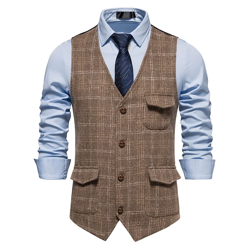 

#4862 Black Gray Khaki Office Plaid Men's Vest Pockets Vintage Sleeveless Blazer Vest Split Joint Suit Vest Single Breasted