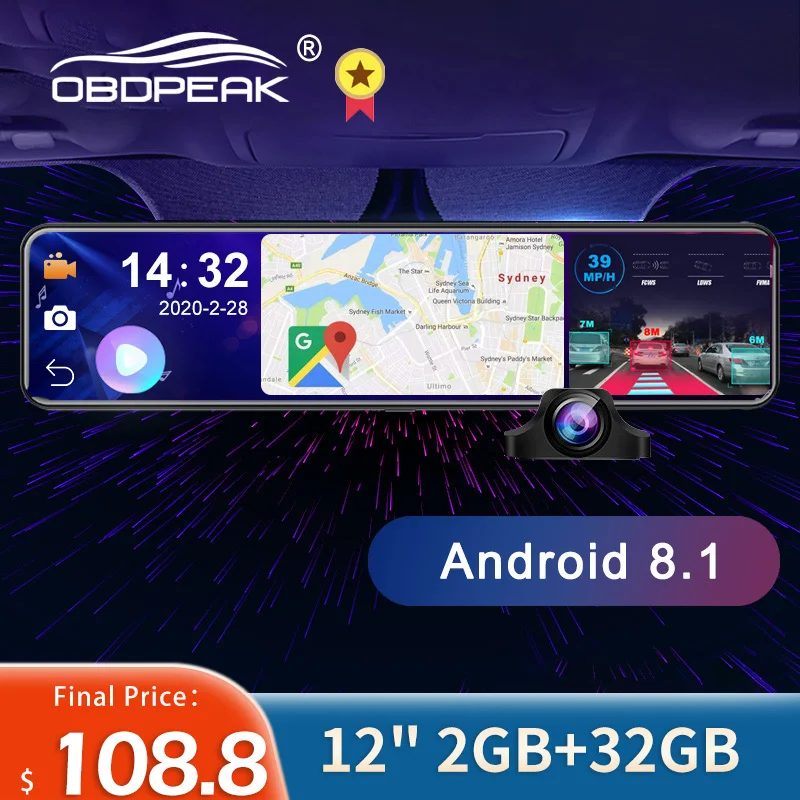 OBDPEAK D80 Smart Android Car Rearview Mirror Auto Recorder 4G WiFi GPS