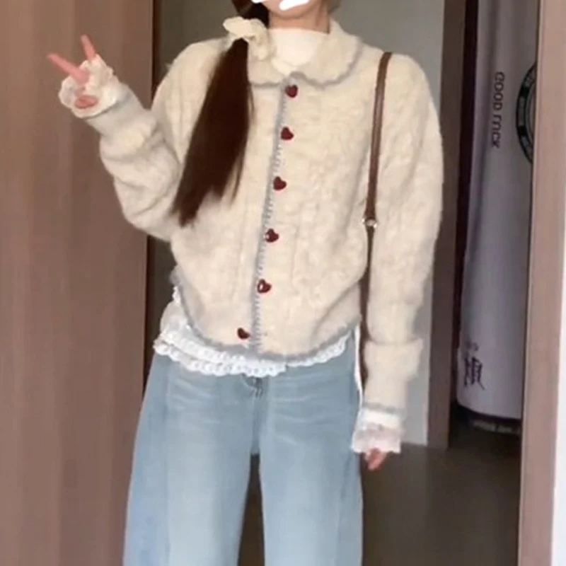 Autumn and Winter Fashion Women's Clothing Love Button Lapel Long-sleeved Sweater Elegant Loose Cardigan Knitwear Casual Top