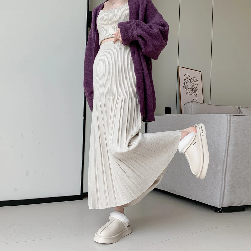 Maternity Clothing Autumn Winter New Knitted Wool Pleated Skirt Casual Slimming Loose A-line Skirt for Pregnant Women Pregnancy