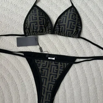 2026 Fashion beach casual women's two-piece swimsuit set sexy backless halter print swimsuit set Gathering Small Chest Slimming 1