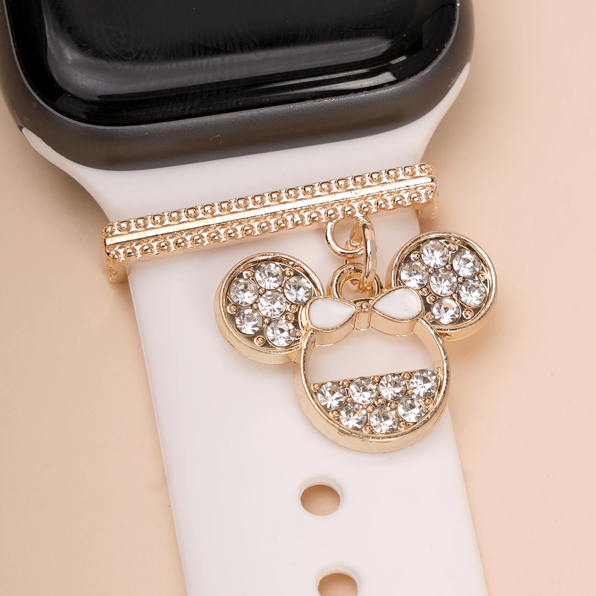 Cartoon Rhinestone Encantos Decoração Anel para Apple Watch Band, Metal Jóias Encantos, Smart Watch Silicone Strap Ornamento