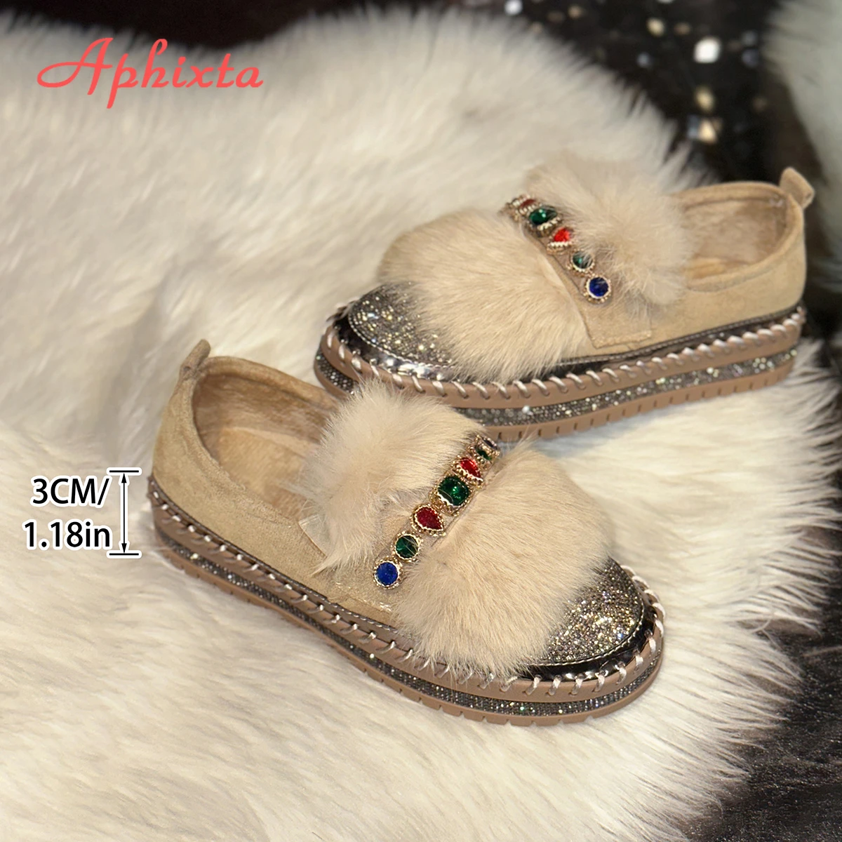 Aphixta Real Fur Colorful Rhinestone Woman Flat Casual Shoes 3cm Low Heel Warm Shoes For Women Crytal Short Plush Shoe Size 43