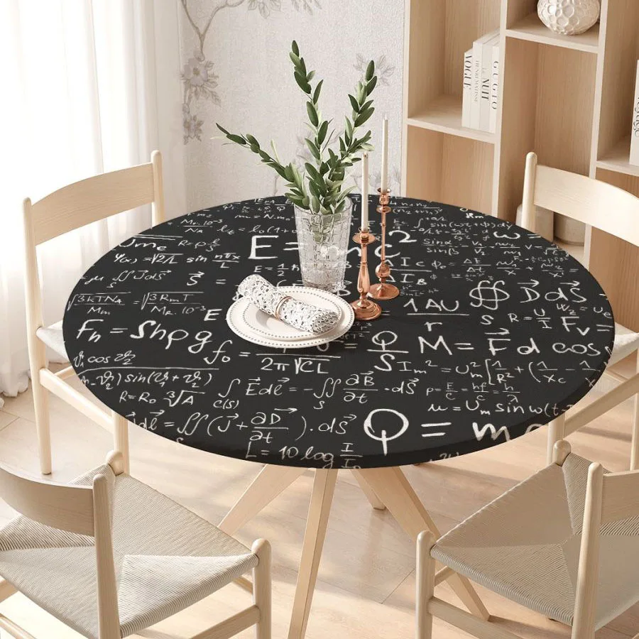 

Mathematical Formula Round Tableclothes for Dining Table Black Fitted Table Protector Cover Elastic Edge Cute Desk Decoration