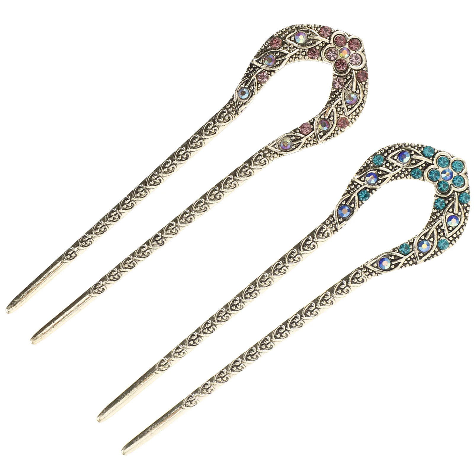 

Rhinestone Updo Hairpin Vintage Stick Chopsticks Double Prong U-shape Dovetail Clip Barrettes