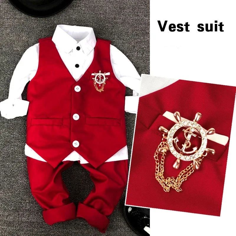 2023 New Child Vest Pants Shirt Suit Fashion Kid Wedding Summer Costume For 3 Parts Red Boys Vest Clothing Set Outfits Slim