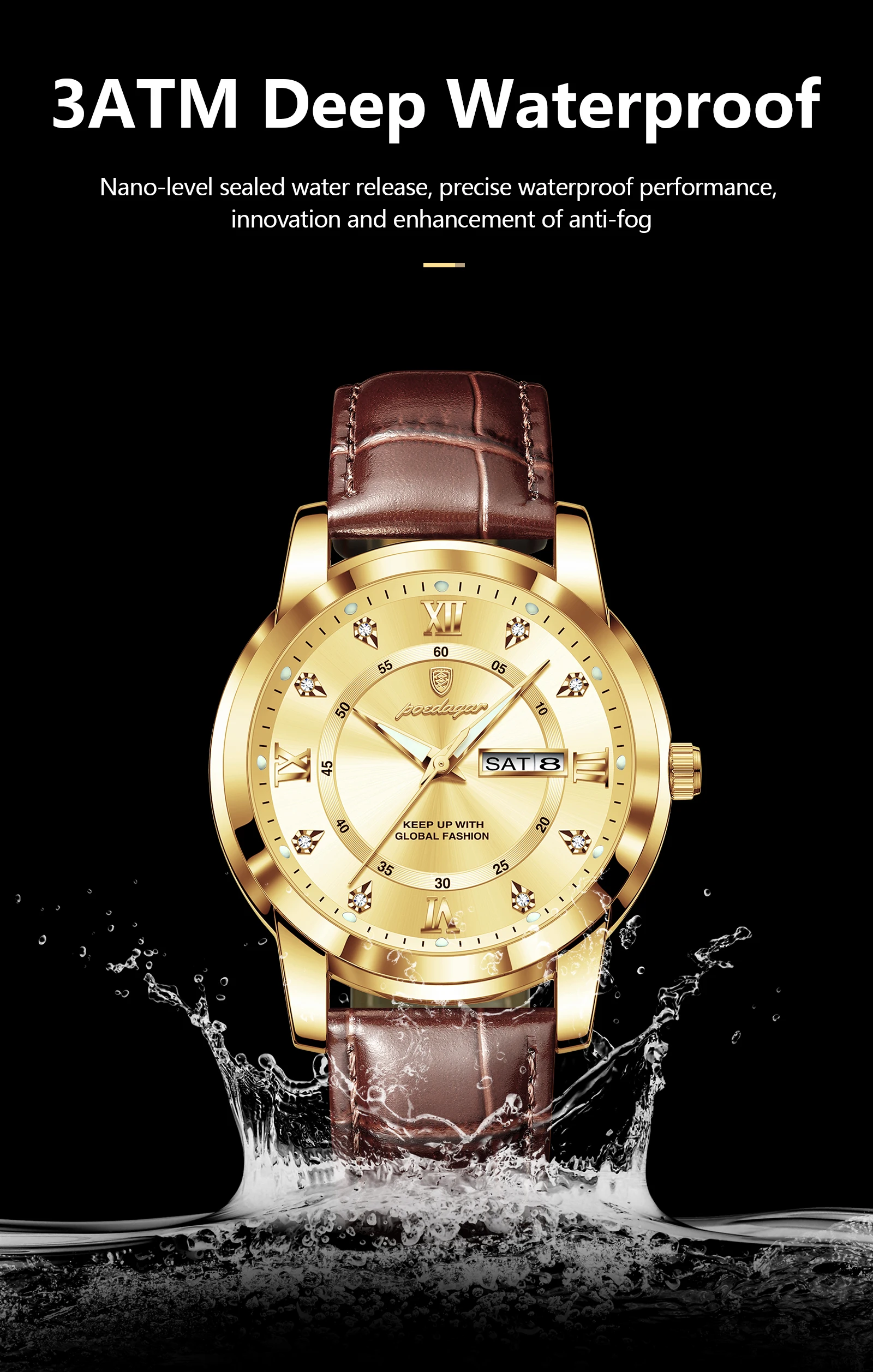 POEDAGAR Luxury Business Male Clock Date Week Waterproof Luminous Gold Men Wristwatch Casual Fashion Quartz Men's Watches Reloj