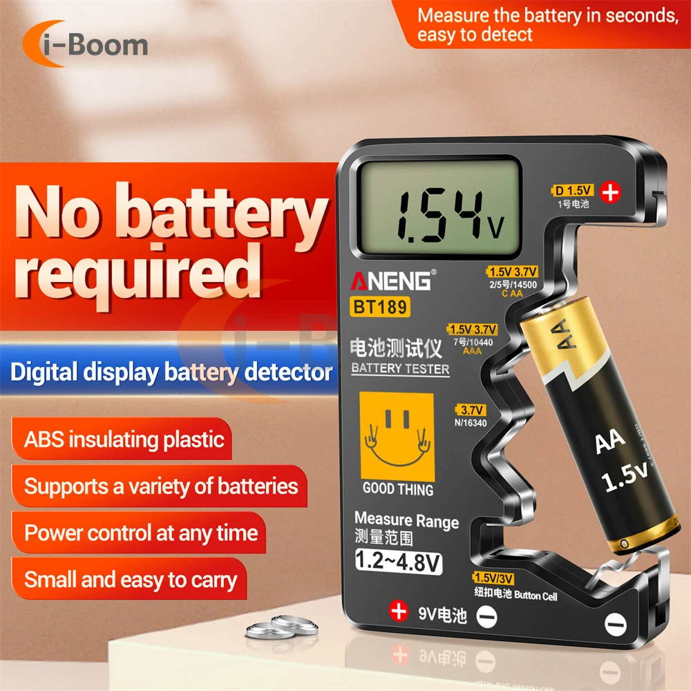 

BT189 Battery Tester LCD Display Universal Voltmeter Electricity Display AA AAA Button Cell Batteries 1.5V/3V/3.7V/4.8V/9V