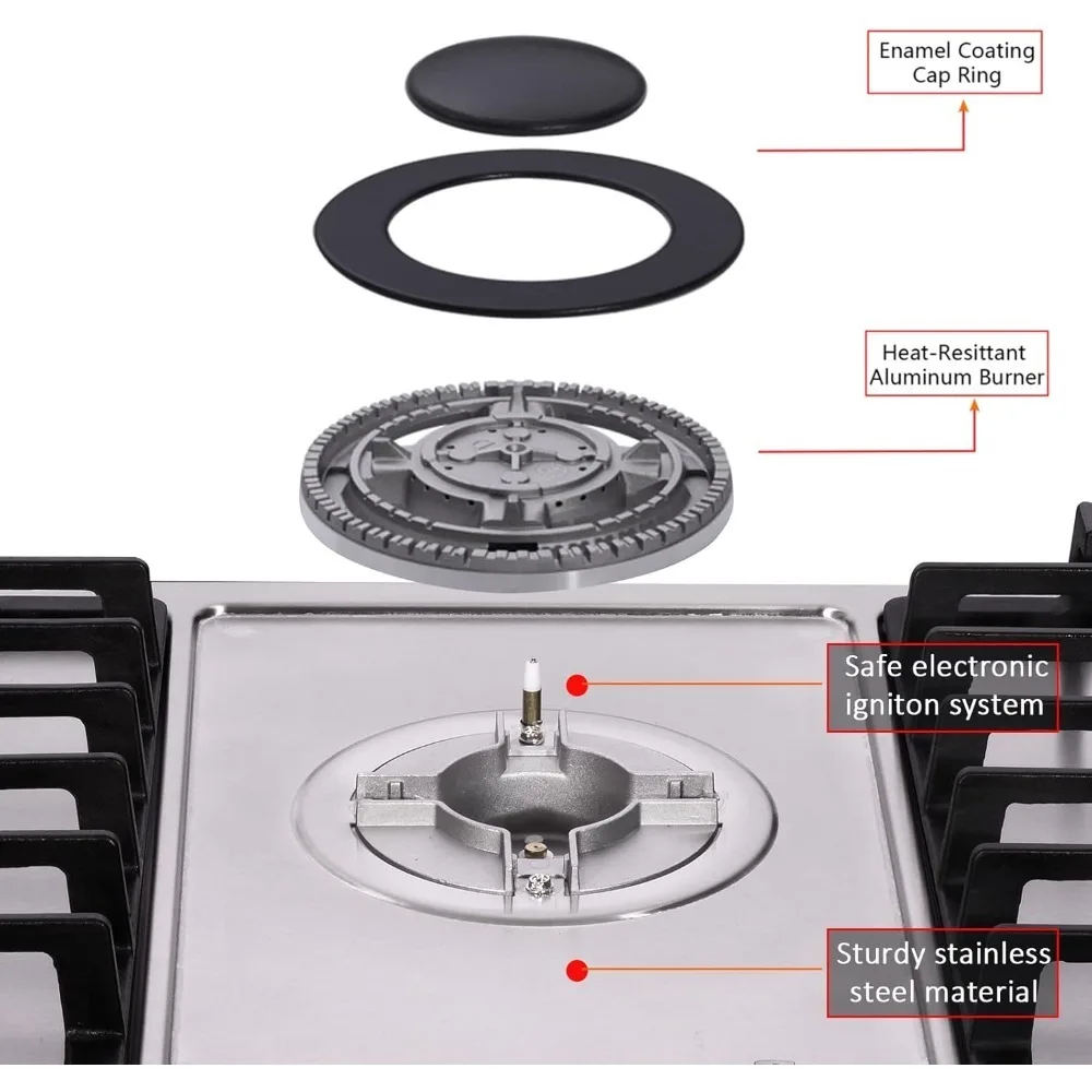 Gas Cooktop 5 High Efficiency Burners Gas Stovetop Stainless Steel Built-in Gas Stove Top Propane/Natural Gas Convertible 4
