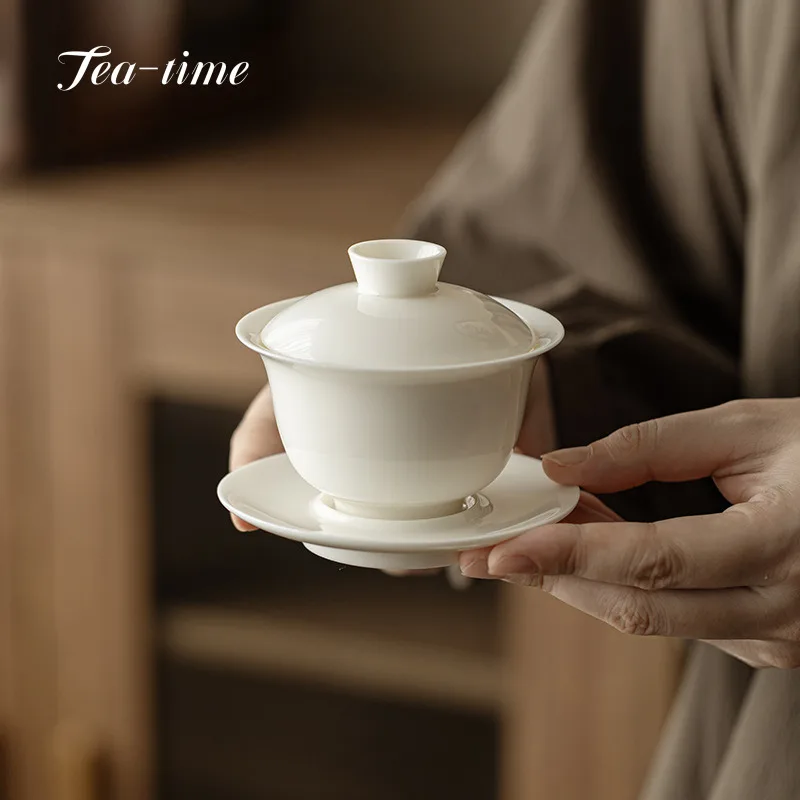 Sheep Fat Jade Gaiwan White Porcelain Sancai Large Handmade KungFu Tea Set Puer Chawan Tureen Supplies Gaiwan Bowls Tableware