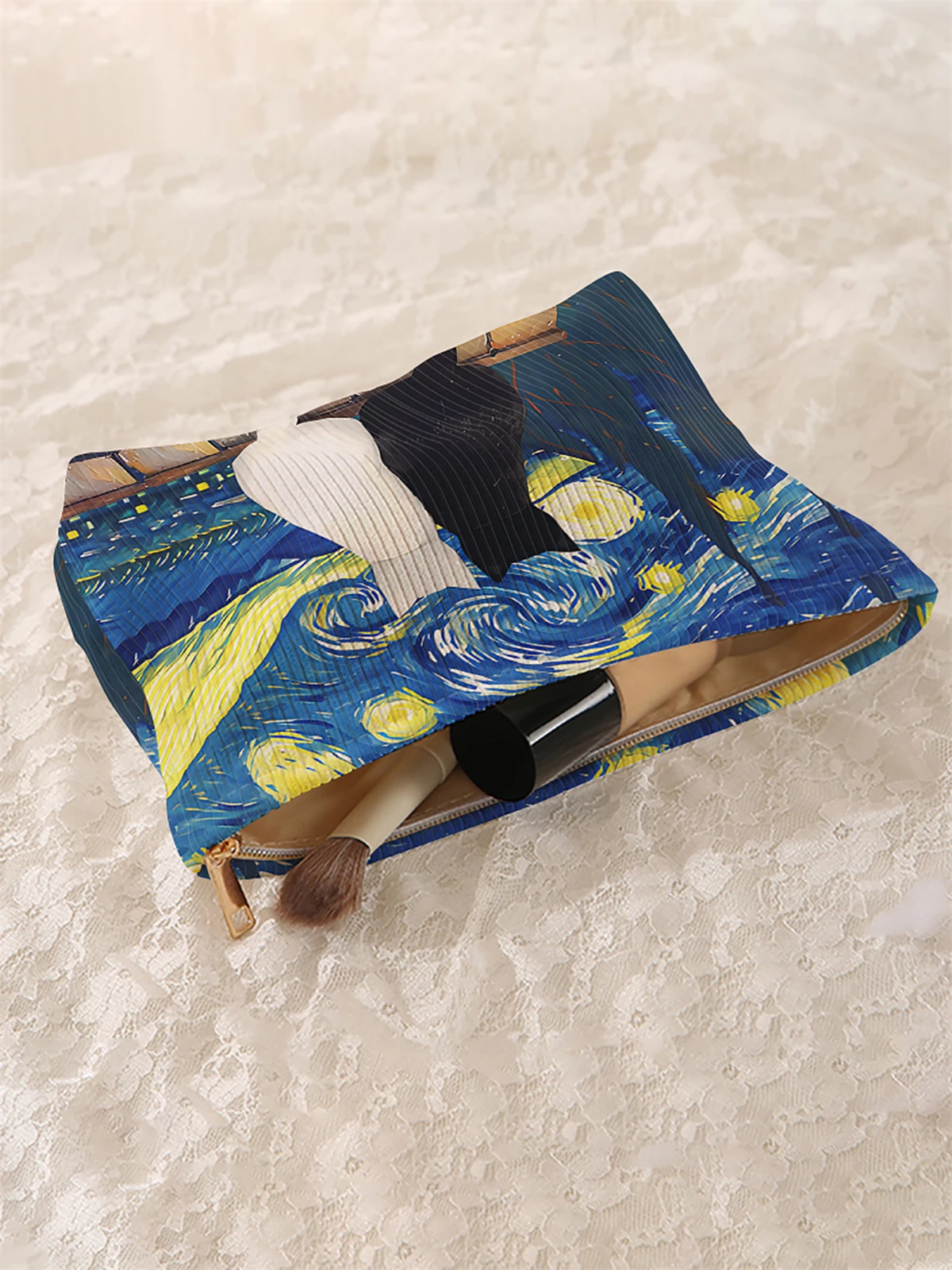 1, starry sky patterned corduroy makeup bag, lightweight zipper makeup storage box, multifunctional bag with lining