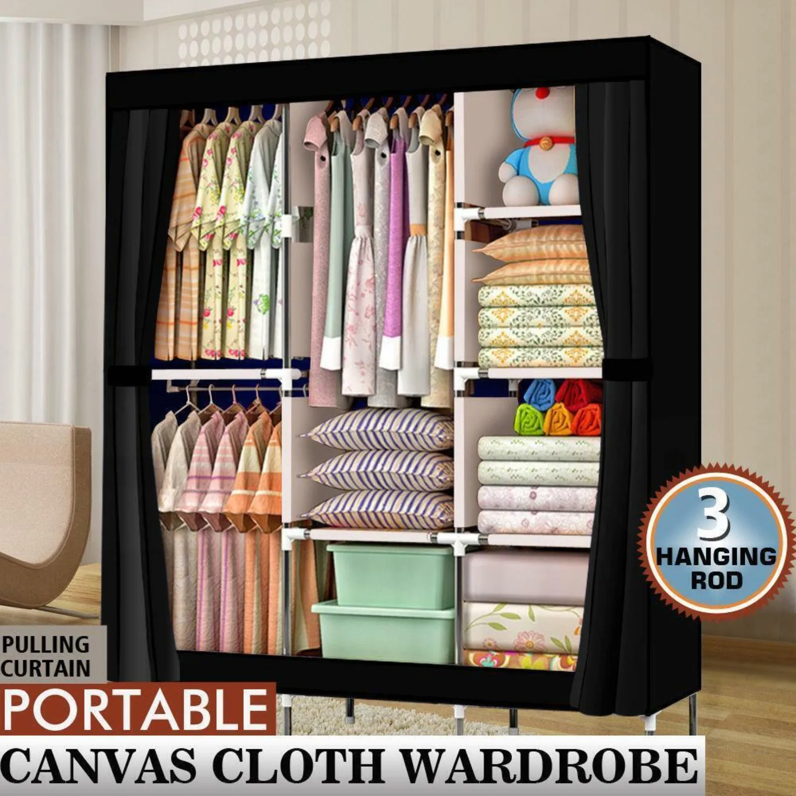 

71" Portable Clothes Storage Closet Organizer Wardrobe Rack Shelf Dustproof Home