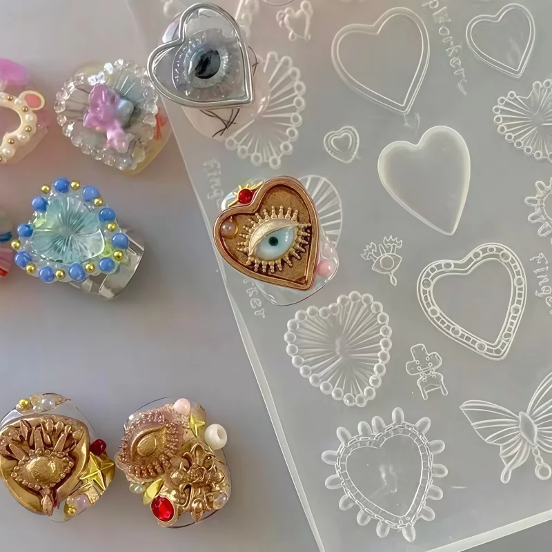 레트로 자수가 들어간 네일아트 몰드, 하트 모양 프린트 눈알, 3D 아트 주얼리, 투명 실리콘 몰드