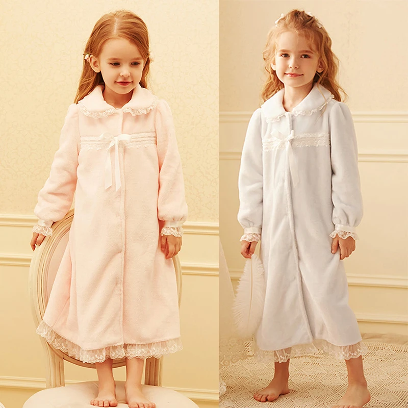 2 Colors Cute Children's Sleepwear Toddler Baby Princess Turndown Collar Flannel Bathrobe Hooded Bath Robes Night-robe Pajamas