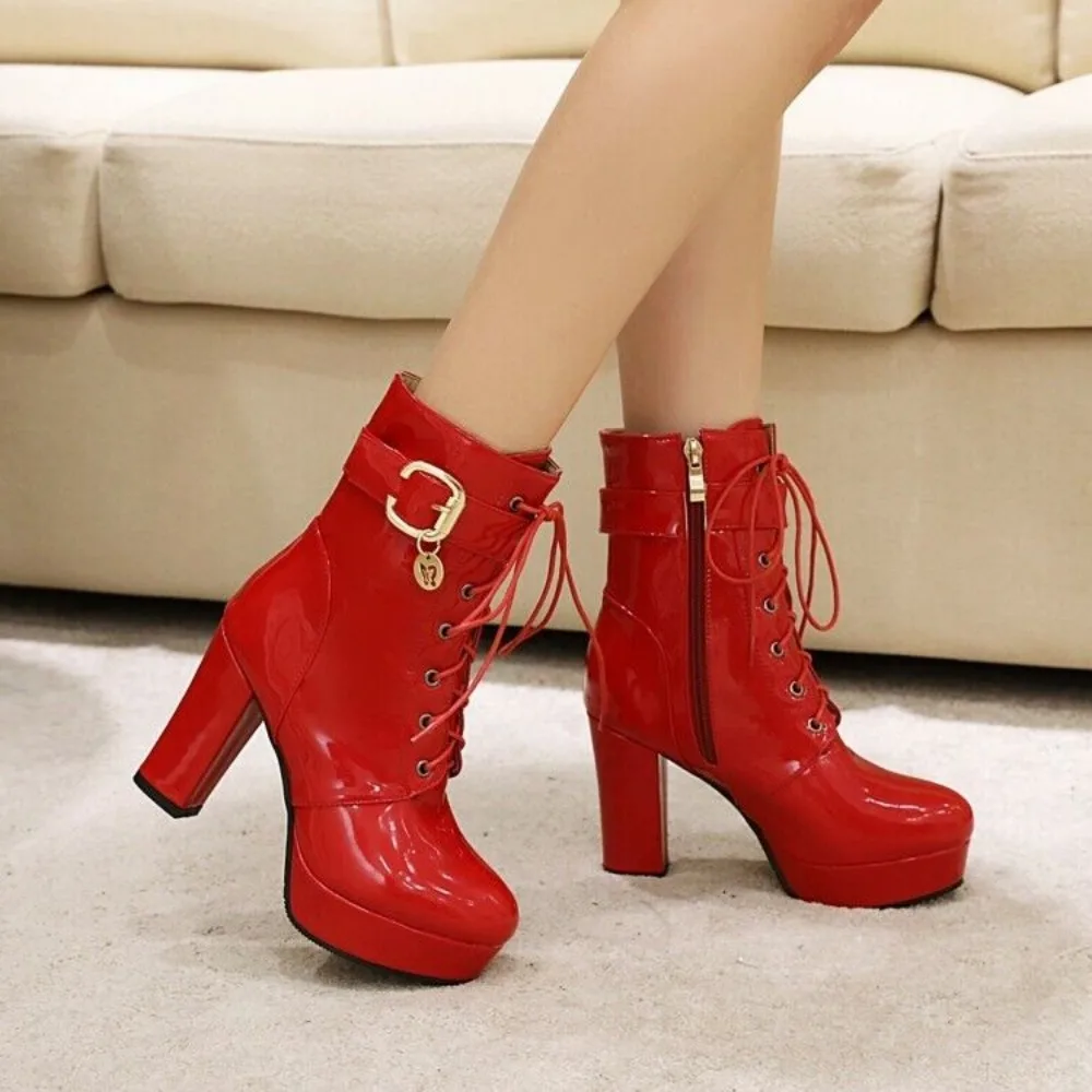 

Women Platform High Heels Lace Up Ankle Boots Side Zip Round Toe Booties Shoes Plus Big Size 48New 2024