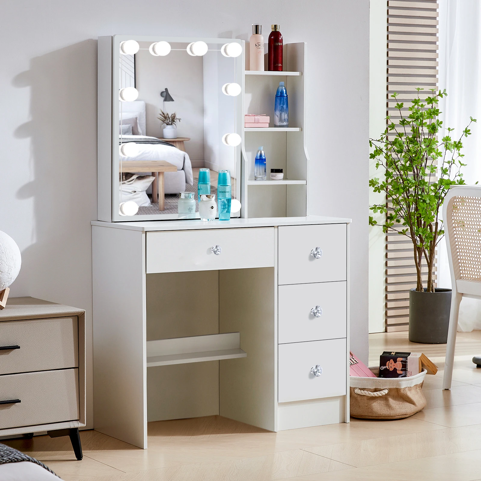 With Smart LED Sliding Mirror 4 Drawers Vanity Table Makeup Dressing Table Set