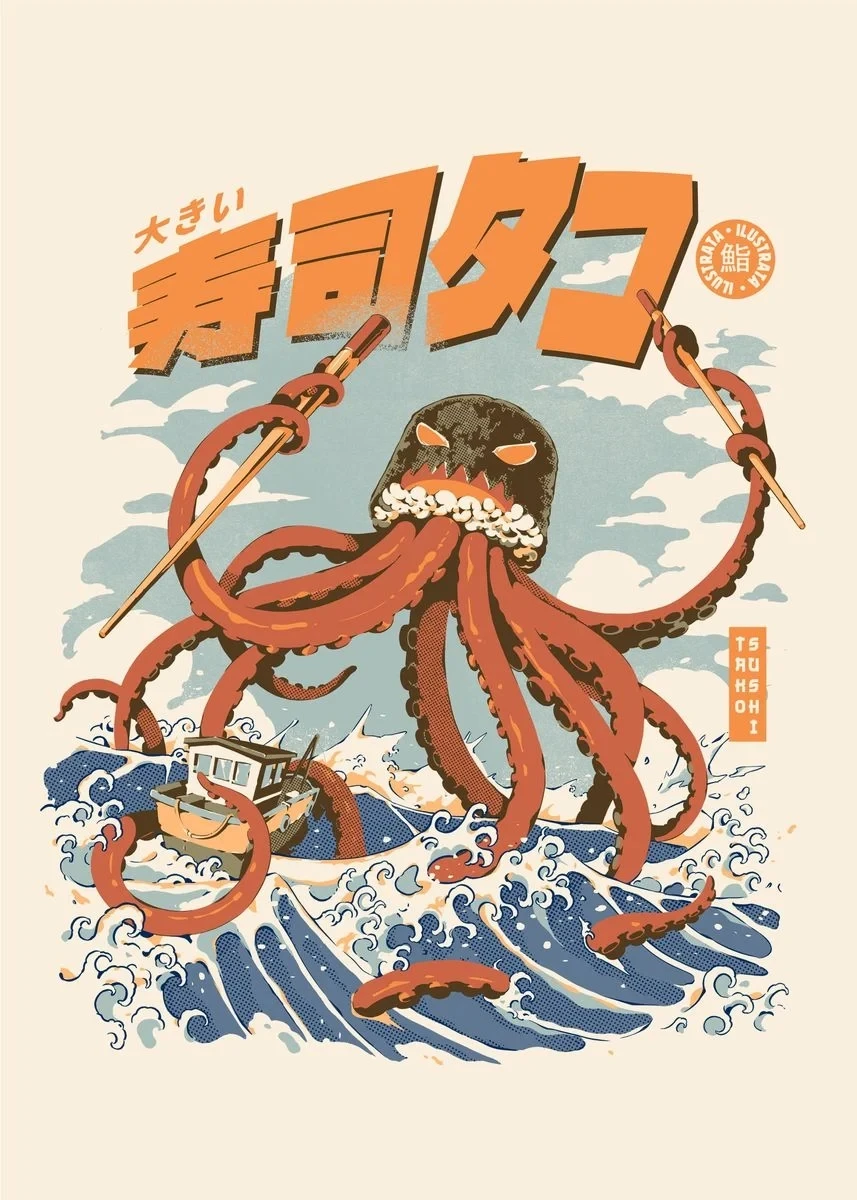 Vintage Japanese Kaijus Food Art Canvas: Sushi, Ramen, and Burgerzilla Poster