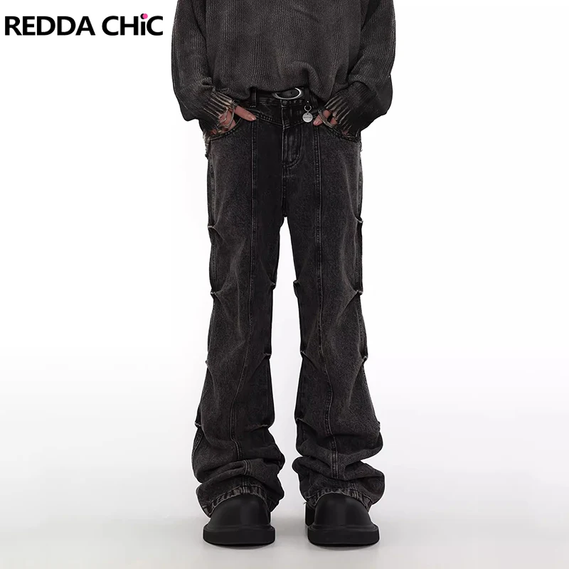 

Расклешенные джинсы REDDACHIC Pintuck для мужчин, винтажные брюки с широкими штанинами в стиле ретро, бриджи в стиле Y2 K, уличная одежда в стиле Харадзюку