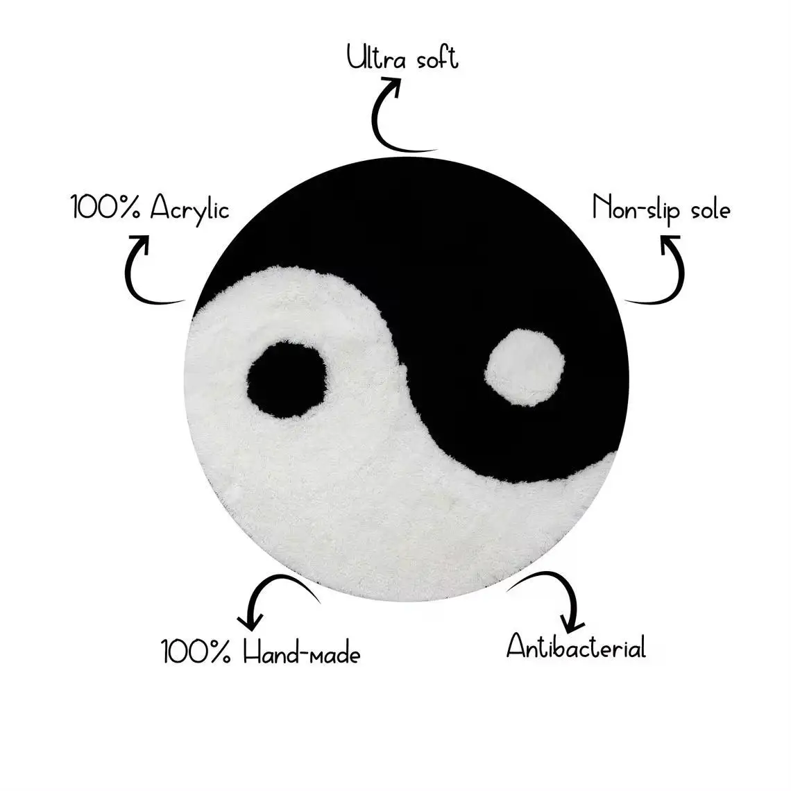 VIKAMA Weicher Plüsch Yin-Yang-Symbol Runder Geometrischer Teppich für Wohnzimmer Schlafzimmer Chinesische Heim-Dekorative Bodenmatte – Detail 3