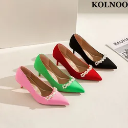 Kolnoo 2022 New Simple Style Women's Mid-heel Pumps Beading Pointed-toe Slip-on Four Color Evening Party Prom Fashion Club Shoes