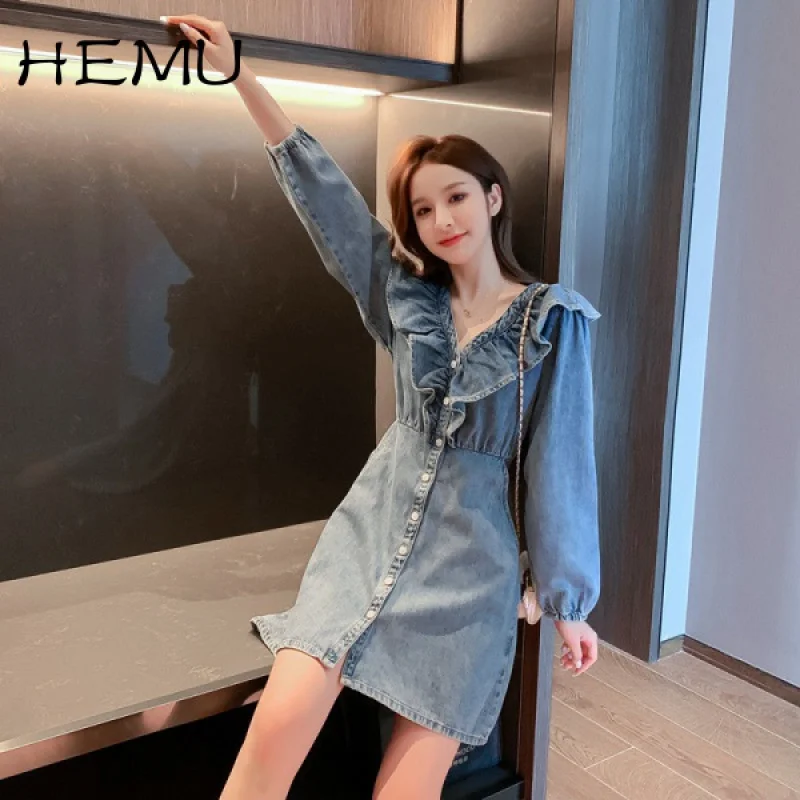 

Hemu Puff Sleeve Younger Fashion V-neck Mini Dress for Women Korean Style Autumn Retro Waist-Controlled Slimming Denim Skirt