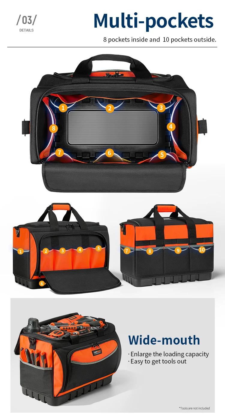 Werkzeugtasche mit geformter Basis, offene Werkzeug-Organizer-Tasche mit 18-Taschen, verstellbarem Schultergurt, robuste Werkzeugtaschen für Herren – Detail 4