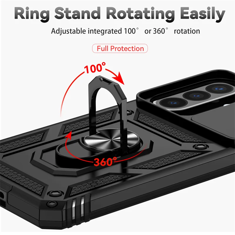 Slide Lens Camera Armor Phone Case with Car Magnetic Ring Holder and Back Cover