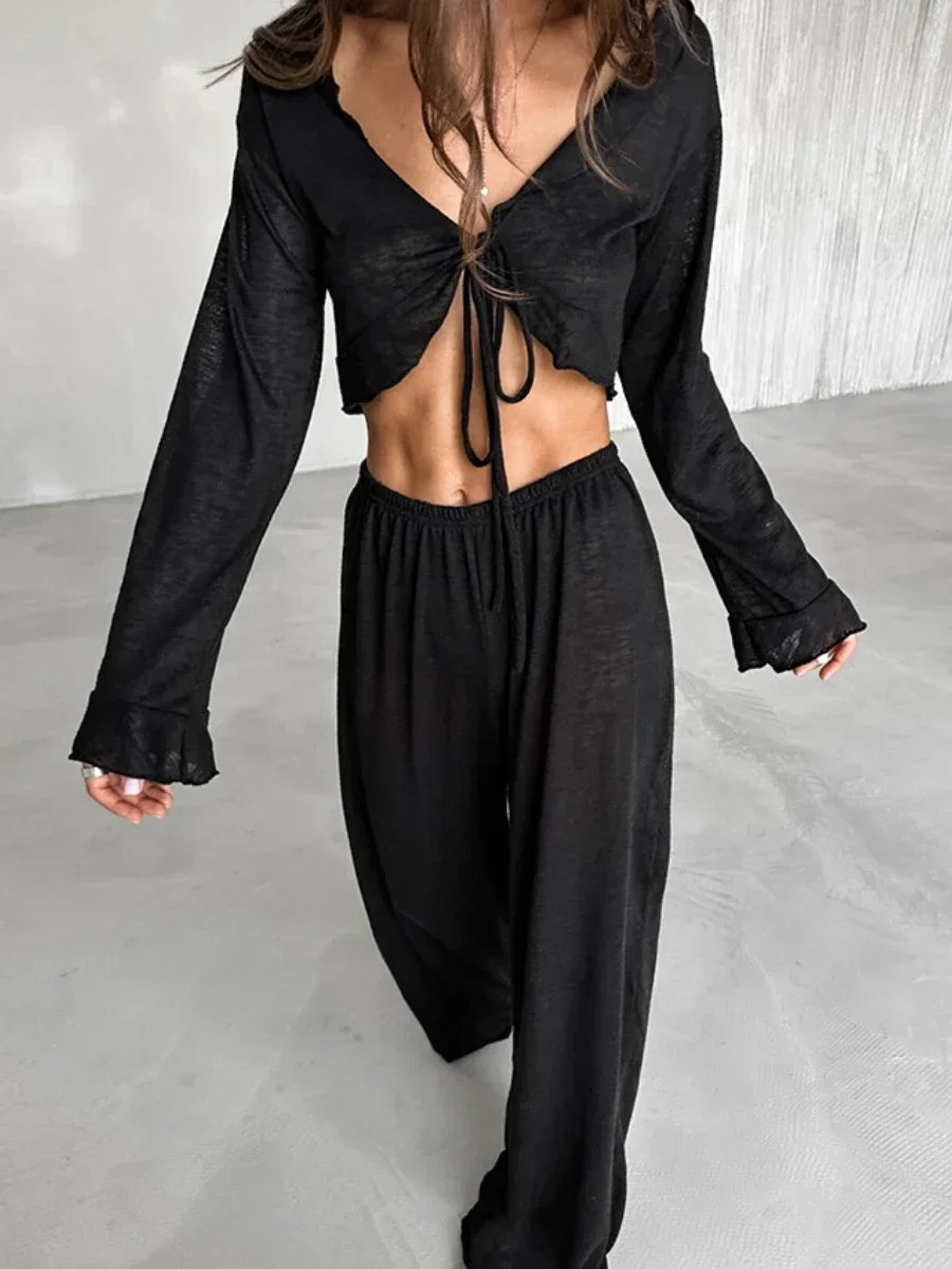 Bornladies Women's Summer Lace Up Loose Casual Long Sleeved Pants Set  Fashion Home Clothes Sexy Solid Color Basic Pajamas Set